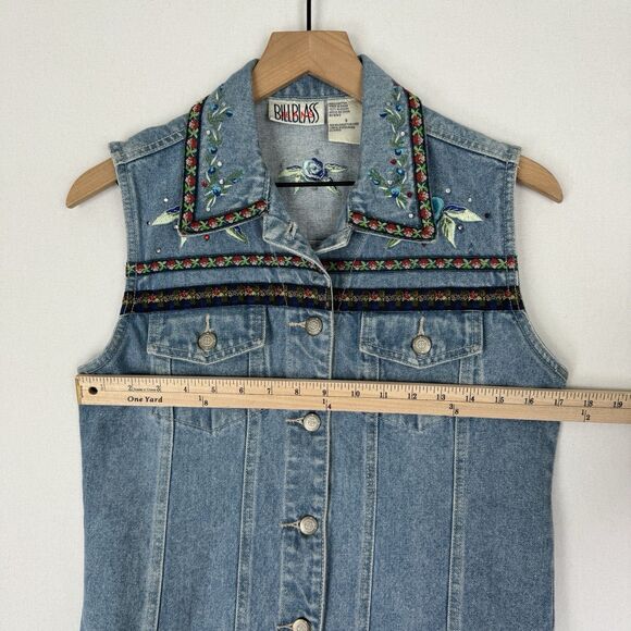 Vtg Y2K Bill Blass Vest Womens Small Blue Embroidered Festival Boho Hippie Denim - Picture 11 of 16